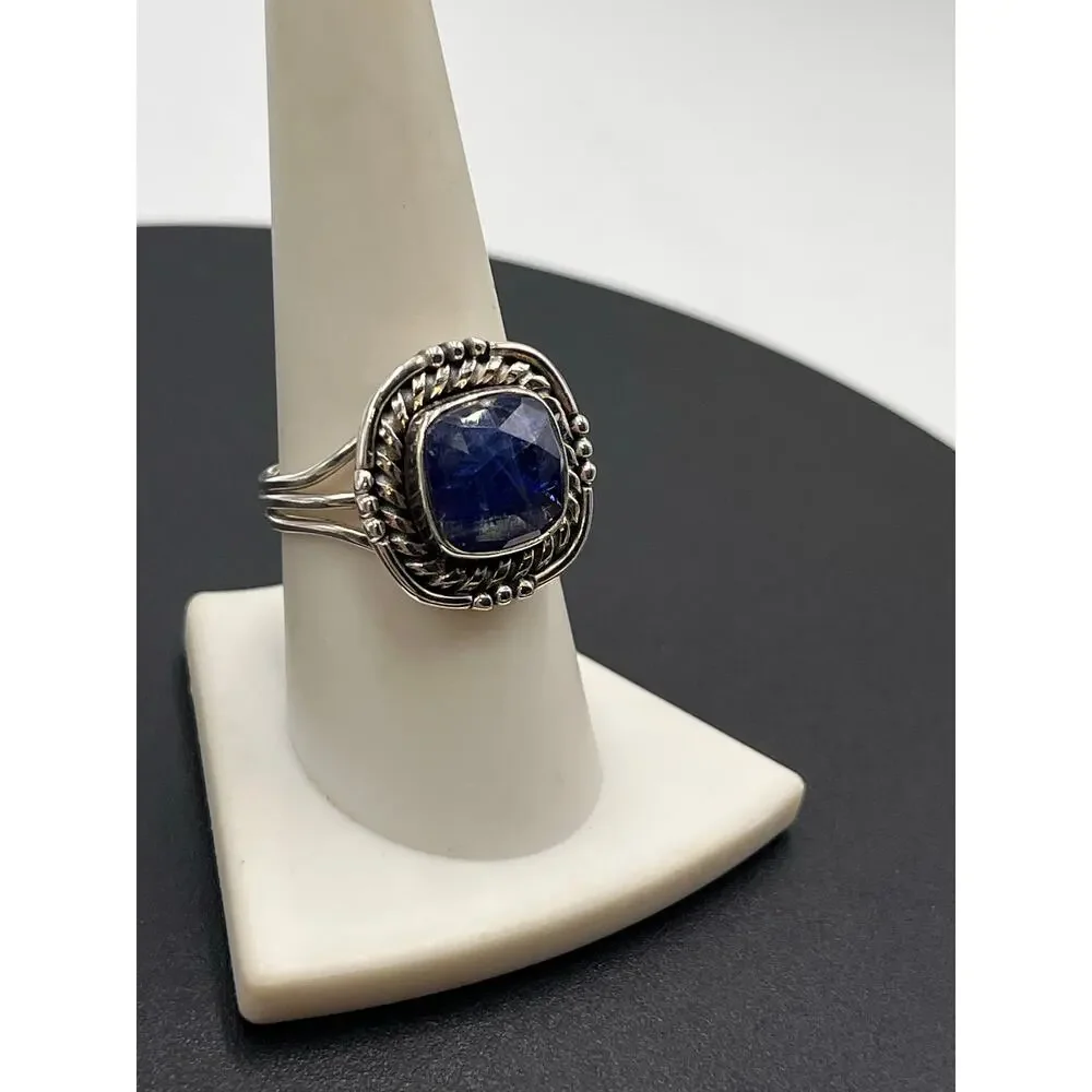 Artisan Twisted Sterling Silver Cushion Cut Deep Blue Kyanite Stone‎ ring Sz  9